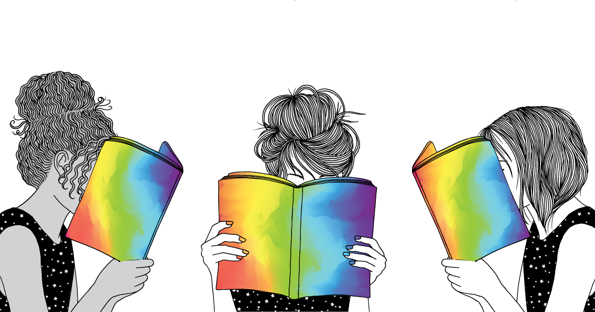 a black and white reader reads a book that is painted in rainbow pride colors. The book covers their face as they are holding it.