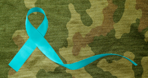 Teal ribbon on camo background