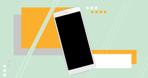 a cell phone with a black screen in front of an abstract yellow and light green background mimicking the appearance of computer screens