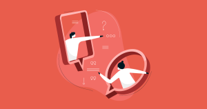 Fondo rojo con burbujas de discurso y gente animada en su interior. La imagen es abstracta y simboliza la comunicación.