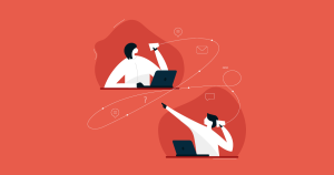 Imagen abstracta con un fondo rojo de dos personas que se comunican a través de un método de taza y cuerda