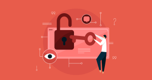 Fondo rojo (sobre el tema de la serie de blogs) con una persona animada poniendo una llave gigante en una gran cerradura