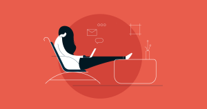 Fondo rojo (sobre el tema de la serie de blogs) de una persona de pelo largo en su computadora portátil con los pies en alto. Es una imagen abstracta animada