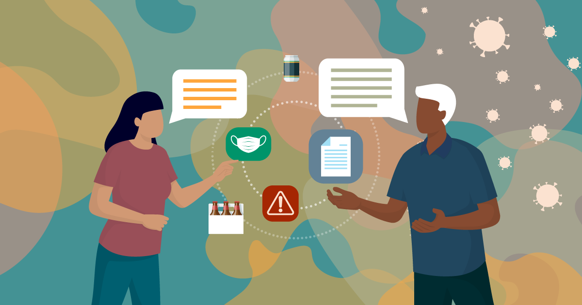 two individuals in an abstract image with talk and text bubbles around and between them.