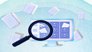 Greyish blue watercolor background with a filing cabinet and files floating in the center with a magnifying glass.