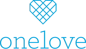 one love logo, a blue heart with lines intersecting it