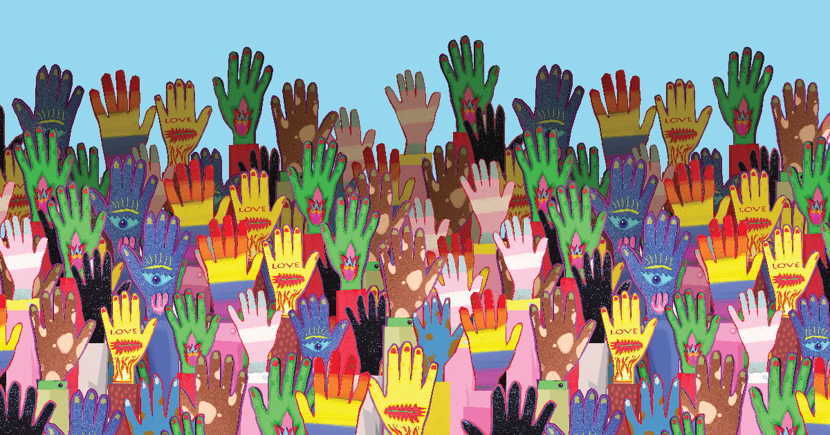 multicolored and multitextured hands are raised as a layered pattern