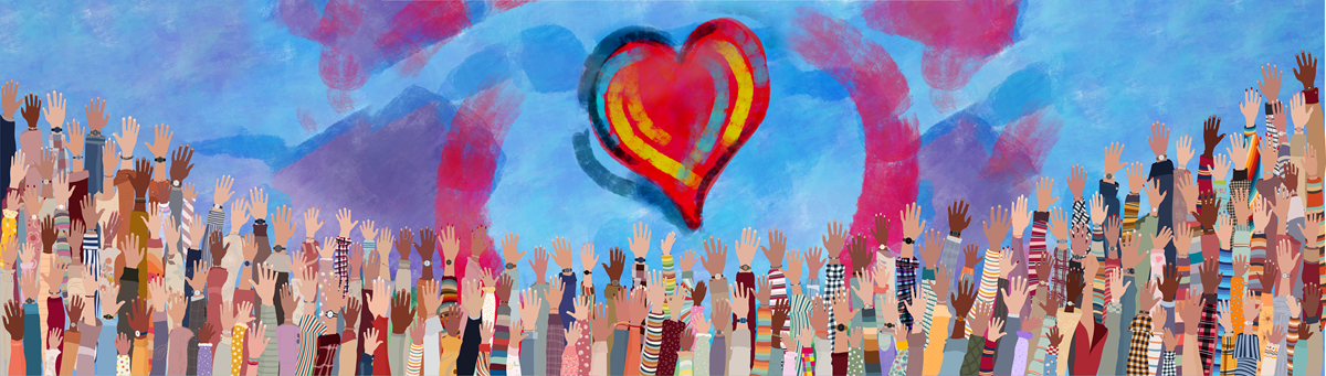 Group of diverse people with arms stretched out raised toward a painted heart